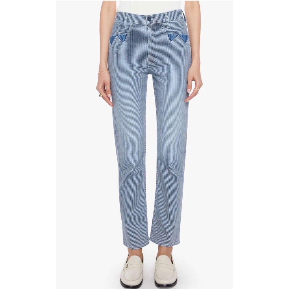 MOTHER The Lasso Straight Hickory Stripe Western Jeans Blue White 27 New‎